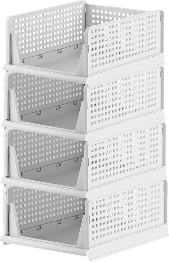 Allecto plus Set van 4 kastorganizers kunststof opbergdozen stapelbaar rek ladebox Wit 43x32x18 cm Kledingkast opbergsystemen