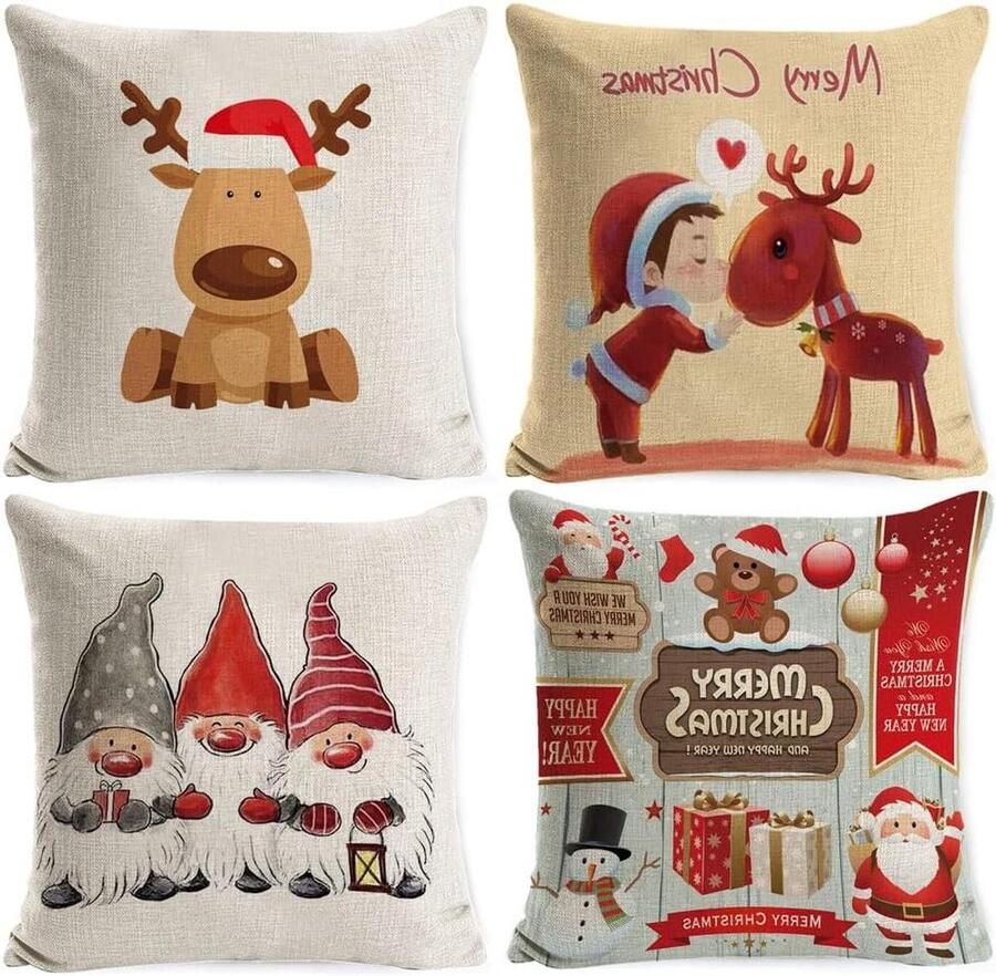 Allecto Plus Set van 4 Kerst kussenhoesjes met cartoons Decoratief Rood en zwart 45 x 45 cm Voor bank kamer auto