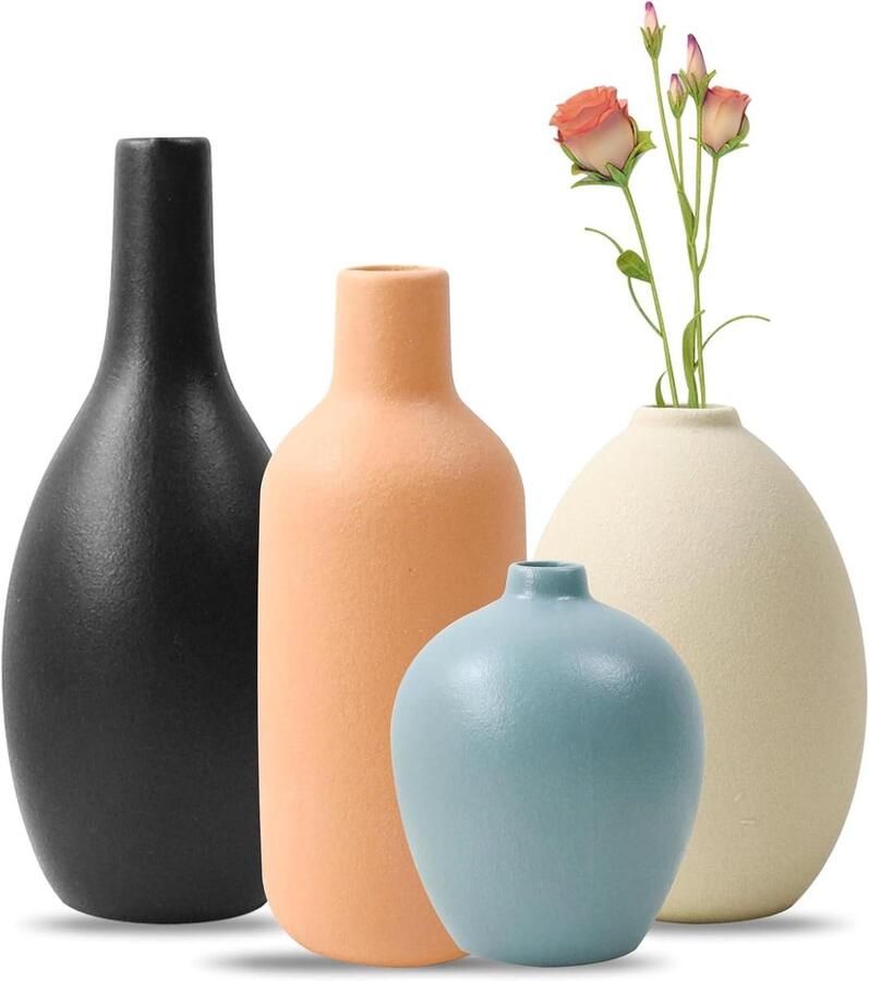Allecto Plus Set van 4 kleine kleurrijke keramische vazen Moderne matte zwarte vazen voor decoratie Pampasgras en woonkamer bruiloft diner tafel feest kantoor Handgemaakte keramiek Vazen set Unieke interieuraccessoires