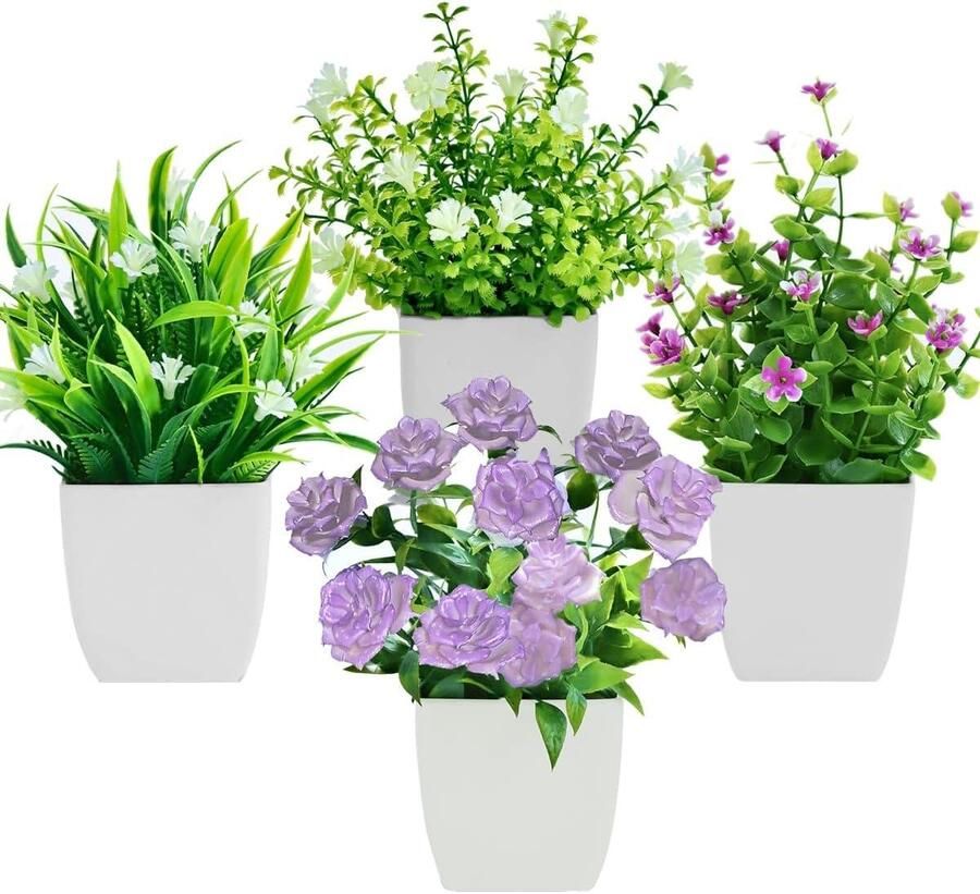 Allecto Plus Set van 4 kleine kunstplanten met bloemen voor decoratie in huis kantoor tafel kamer en badkamer