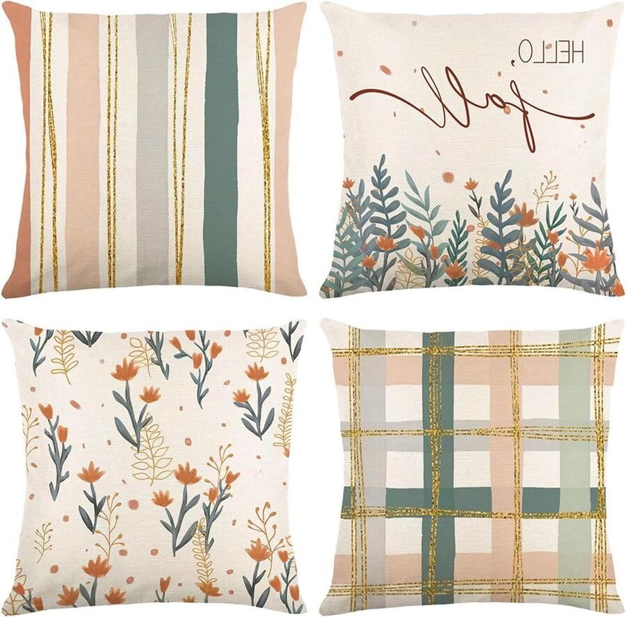 Allecto plus Set van 4 kussenhoezen 45 x 45 cm Geometrisch patroon Linnen Dubbelzijdig Kussenhoezen voor bank met 4 korrelkussens Ideaal voor outdoor gebruik