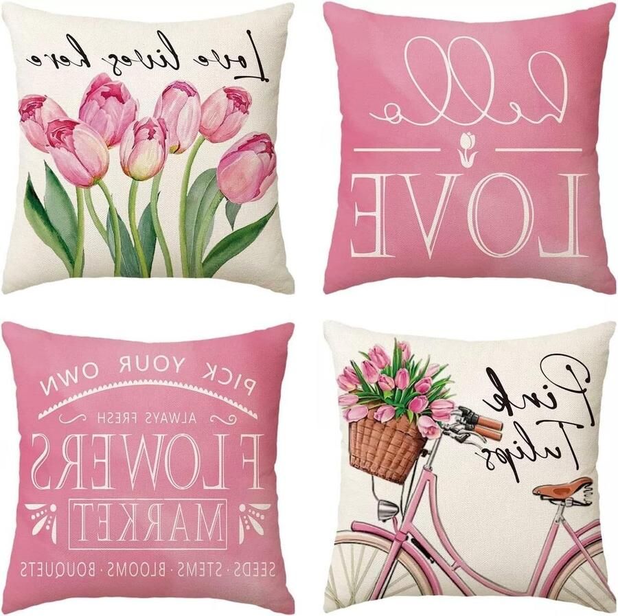 Allecto plus Set van 4 kussenslopen 45 x 45 cm Lente Tulpen Decoratie Kussenhoes voor woonkamer bank slaapkamer Bed Auto Decoratie