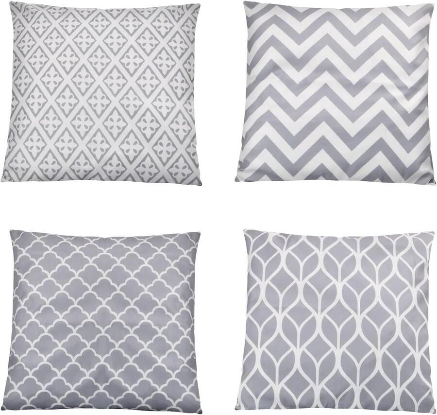 Allecto plus Set van 4 kussenslopen 45x45 cm Grijze en witte geometrische strepen Decoratieve kussenhoezen voor bank Tuin en terras Woonkamer accessoires