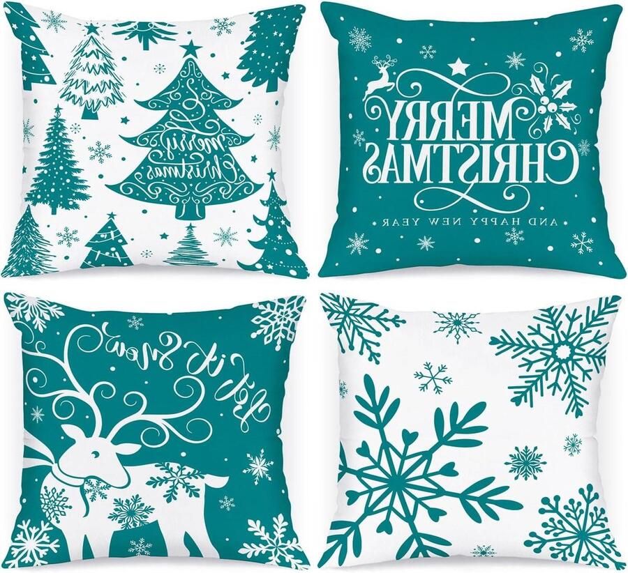 Allecto Plus Set van 4 kussenslopen Kerstmis cartoon hert sneeuwvlok blauwgroen 40 x 40 cm ideaal voor bank kerstdecoratie in huis