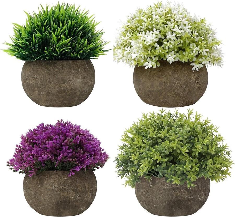 Allecto Plus Mini Groen Paars & Wit Artificiële Faux Pot Planten Set (4 Pak) – Kleine Binnen & Buiten Decoratieve Planten – Huis Kantoor Badkamer Keuken Decoratie Bureau Plank & Tafel Groen Decor Kunstplanten met Pot Natuurlijke uitstraling