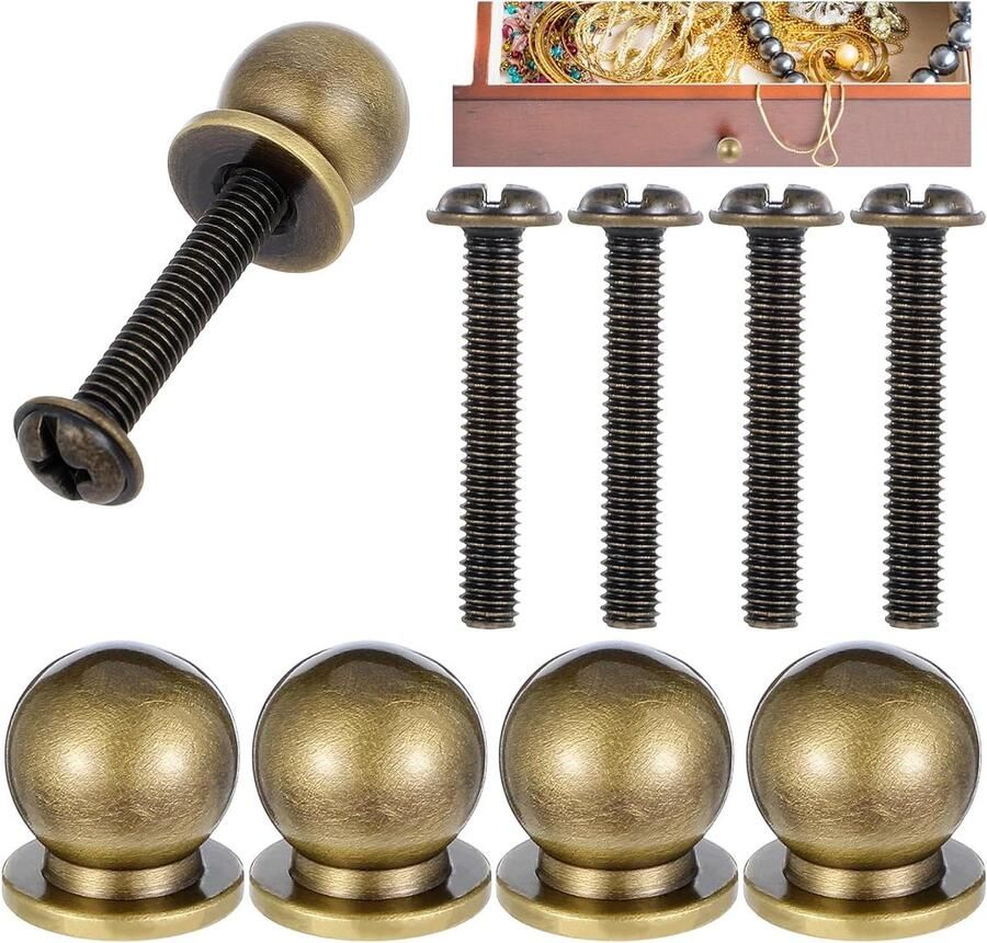 Allecto Plus Set van 4 mini ronde metalen kast knoppen Antieke messing finish Geschikt voor lade handgrepen en sieraden doosjes