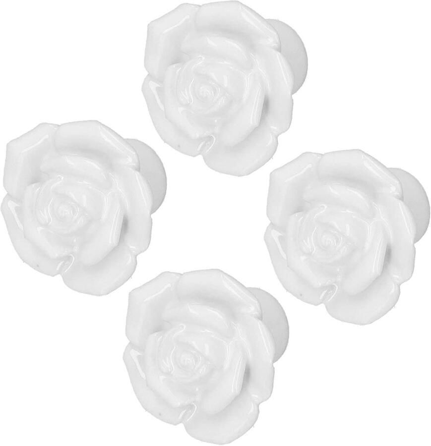 Allecto Plus Set van 4 moderne keramische kast handgrepen in roosvorm (wit) voor thuis slaapkamer woonkamer keuken