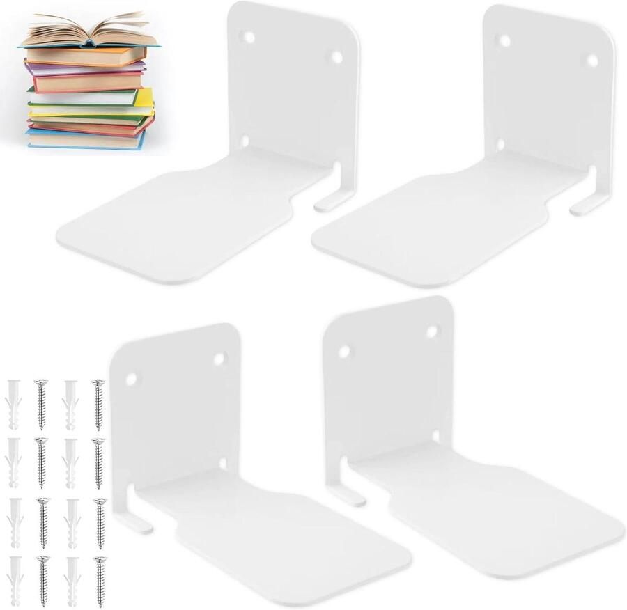 Allecto Plus Set van 4 onzichtbare boekenplanken Zwevend wandrek metaal 105 x 66 cm Wandplank slaapkamer woonkamer Montagemateriaal Wit Modern design Ruimtebesparend