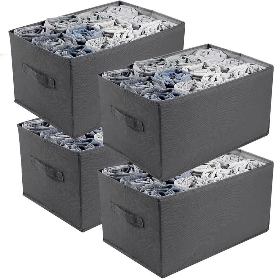 Allecto plus Set van 4 opbergdozen voor kleding ladeverdelers voor broeken stapelbare organizer grijs met 12 roosters