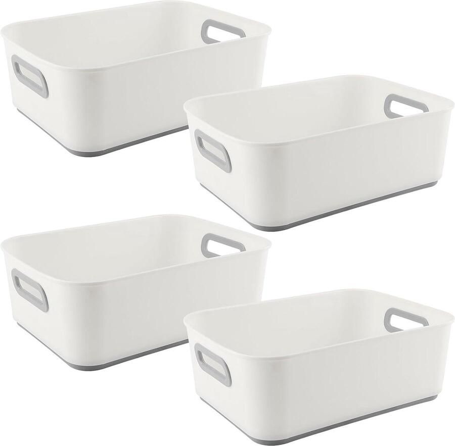 Allecto plus Set van 4 opbergmanden voor studio kast badkamer en kantoor Wit Met handgrepen Rechthoekig Grijs en wit patchwork 28 x 20 x 10 cm