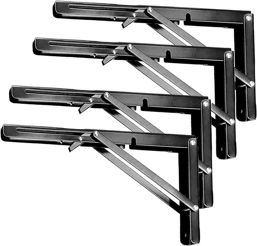 Allecto plus Set van 4 opvouwbare plankbeugels van 46 inch zwart metalen driehoekige planksteunen met montagemateriaal voor wandrekken Draagvermogen 80 kg