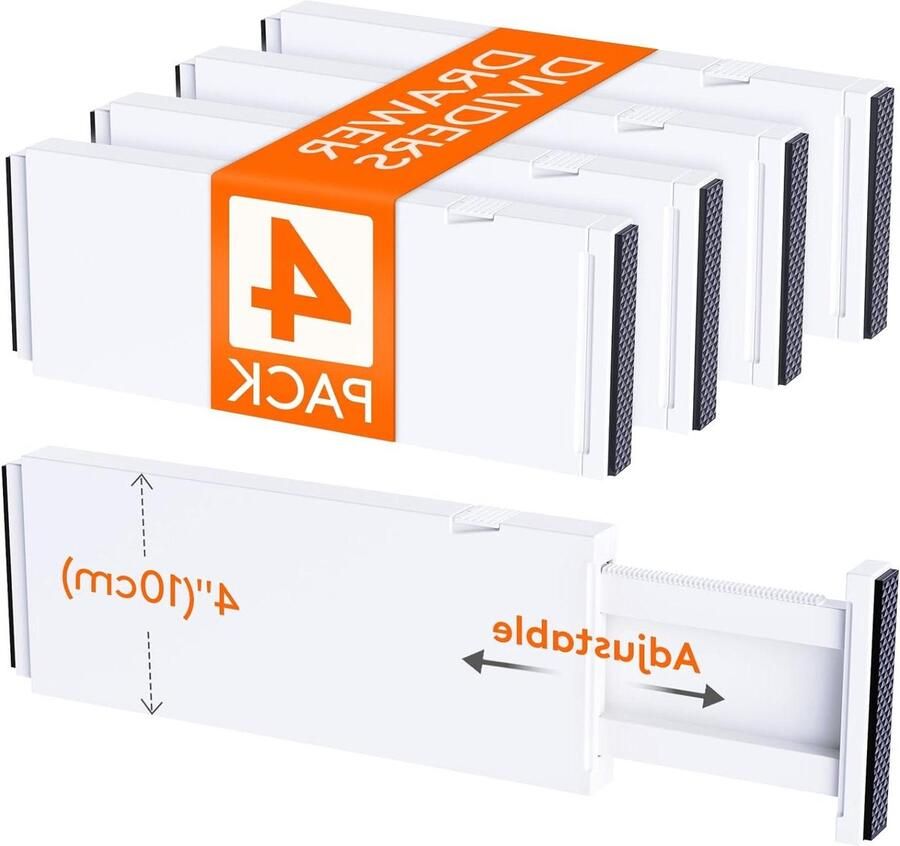 Allecto Plus Set van 4 Plastic Ladeverdelers voor Kleding Verstelbaar Ideaal voor Slaapkamer Badkamer Keuken en Kantoor Opbergoplossing met Uitbreidbare Ladeverdelers 10 cm Hoog 28-44 5 cm Breed