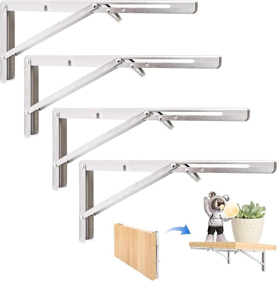 Allecto Plus Set van 4 roestvrijstalen klapconsole tafelhouders voor zware belasting Inklapbare plankdragers voor thuis keuken en kantoor Geschikt voor tafels en muren 400 mm
