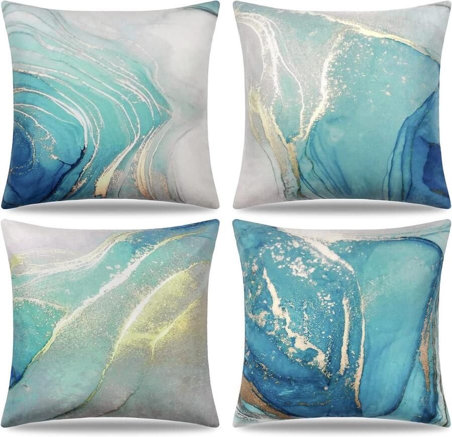 Allecto Plus Set van 4 Sierkussenslopen 18 x 18 inch Turkoois en Goud Marmeren Textuur Abstracte Vloeibare Kunst Inkt Sofa Bank Decoratie Thuiskussen