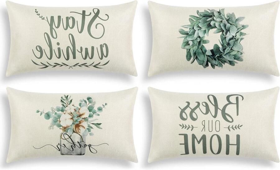 Allecto Plus Set van 4 Sierkussenslopen met Eucalyptus Krans Vaas Patroon Groen Planten Thema Decoratieve Kussenhoezen voor Buitenbank Boerderij Woondecoratie 30 x 50 cm