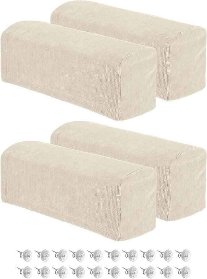 Allecto plus Set van 4 stretch armleuninghoezen voor stoel bank of ligstoel Chenille Zachte stoelovertrek met draaipennen Crème Bankbescherming