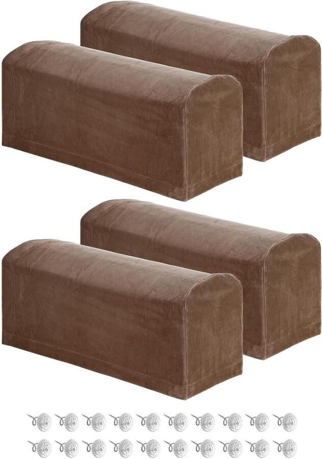 Allecto Plus Set van 4 stretch armleuninghoezen voor stoel en bank Polyester Donkerbruin Armafdekking met draaipennen Stoelbankbescherming