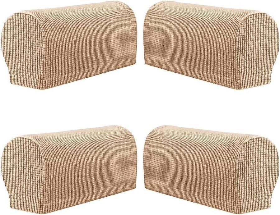 Allecto plus Set van 4 stretch fauteuilhoezen voor bankarmen in khaki kleur Stof- en vlekbestendig