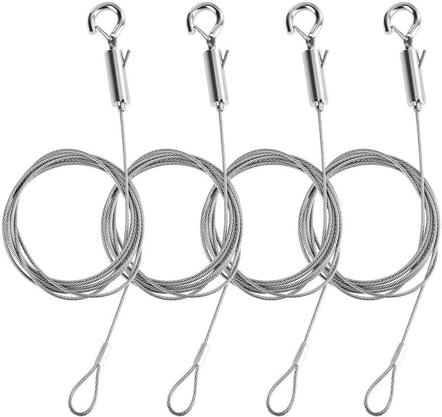 Allecto Plus Set van 4 stuks instelbare stalen kabel met lus en haak Roestvrij staal Veiligheidskabelslot Draad touw voor foto's lamp kleerhanger 15 meter