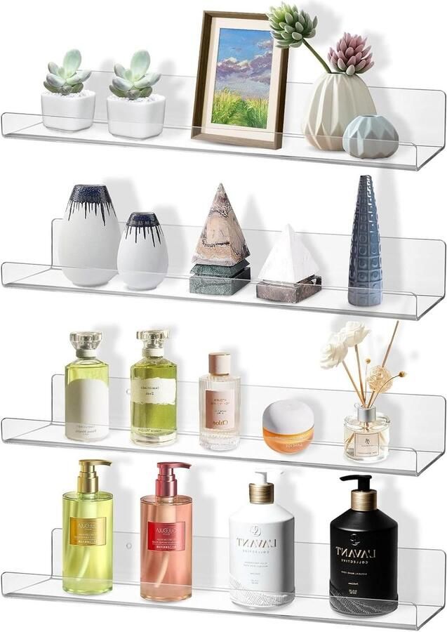 Allecto Plus Set van 4 transparante hangplanken 38 cm Acryl planken voor boekenplank Wandopslag voor kinderen Zwevende planken voor slaapkamer speelkamer Modern design met montagekit