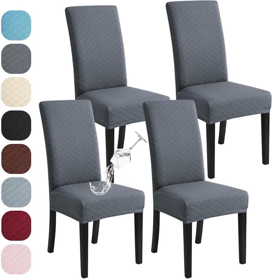 Allecto Plus Universele Stretch Stoelhoezen Set van 4 Modern Waterdicht Elastisch Afneembaar Voor Eetkamer Banket Bruiloft Donkergrijs 4 Stuks