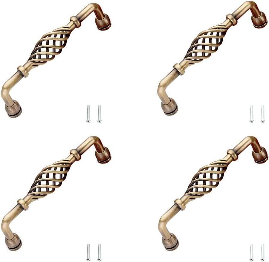 Allecto Plus Set van 4 vintage handgrepen in vogelkooi-stijl voor kasten en lades met schroeven Decoratief meubelbeslag voor keuken badkamer en hotel Metaal
