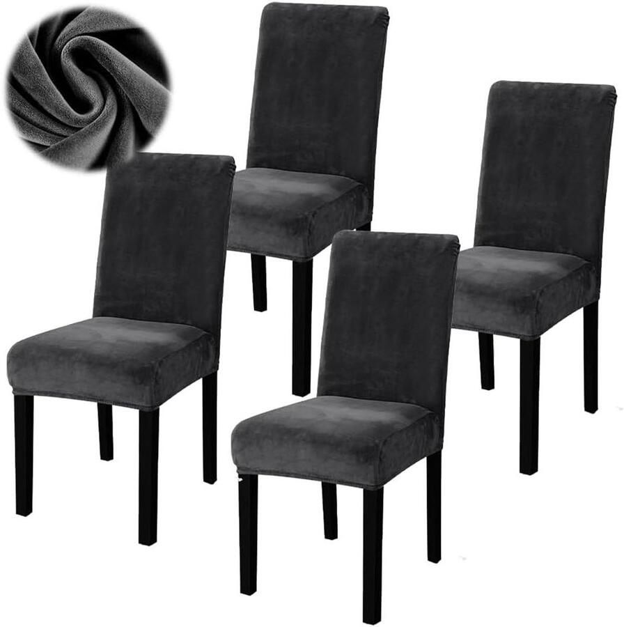 Allecto Plus Set van 4 wasbare stretch fluwelen stoelhoezen voor restaurant hotel banket of bruiloft donkergrijs