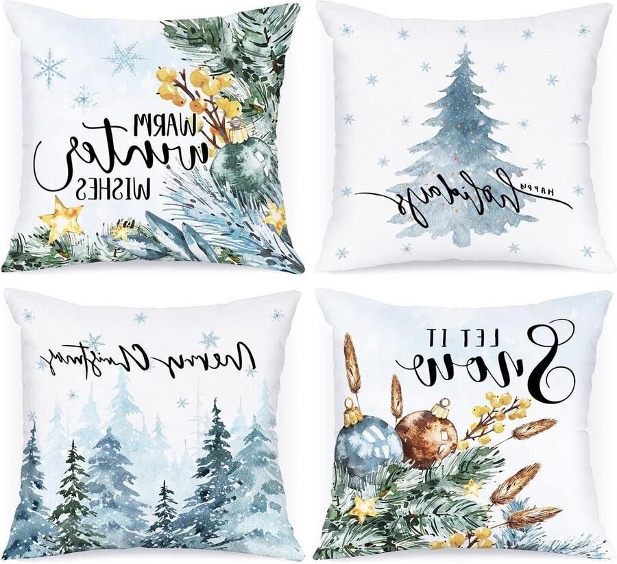 Allecto Plus Set van 4 Winter Kerst Kussenhoezen 50 x 50 cm Decoratieve Sneeuw Vakantie Kussensloop Geschikt voor Binnen en Bank Kerst Decoratie Slaapkamer Upgrade