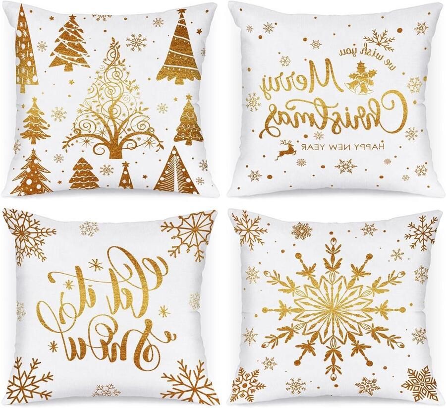 Allecto plus Set van 4 winterse sneeuwvlok kussenhoezen 40 x 40 cm Wit en goud Kerstdecoratie voor beddengoed en bank Kerstmis deco