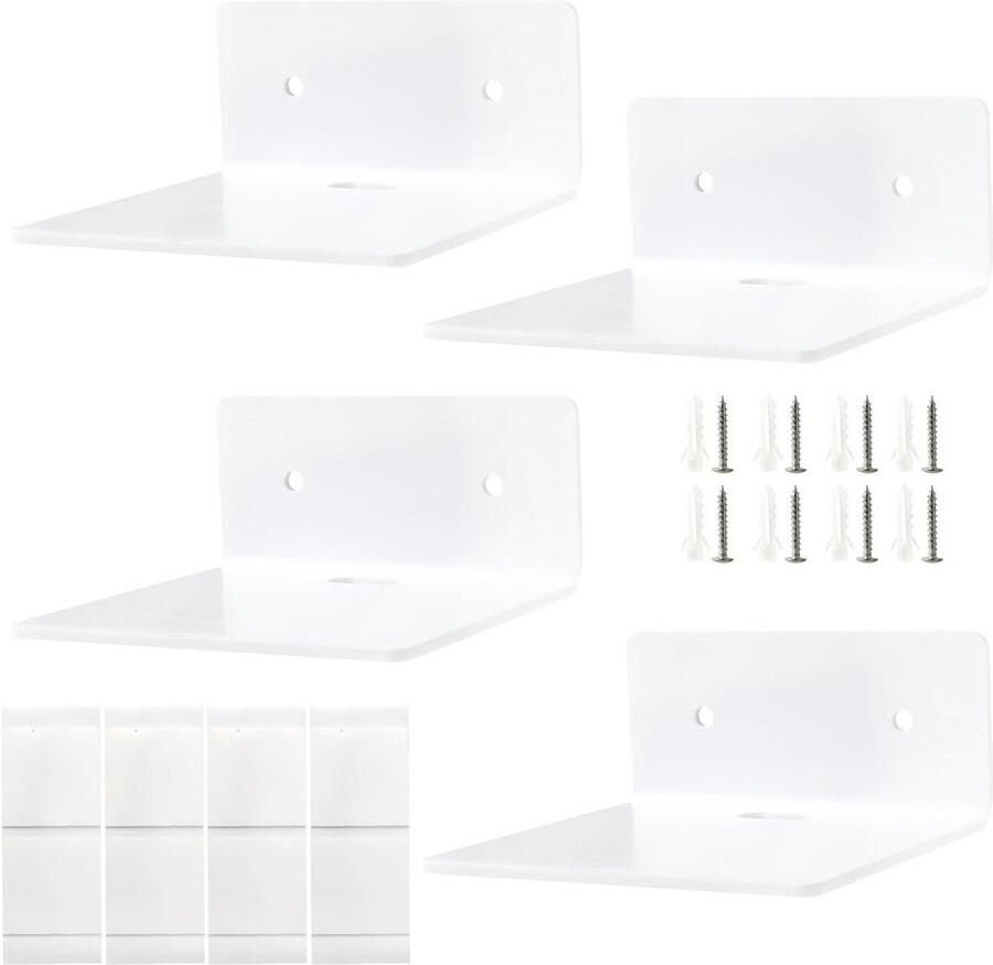 Allecto Plus Set van 4 witte acryl wandplanken zelfklevend Mini wandrek voor badkamer keuken en woonkamer 10 x 10 x 5 cm Decoratieve opbergplanken met montage Functionele muurplanken