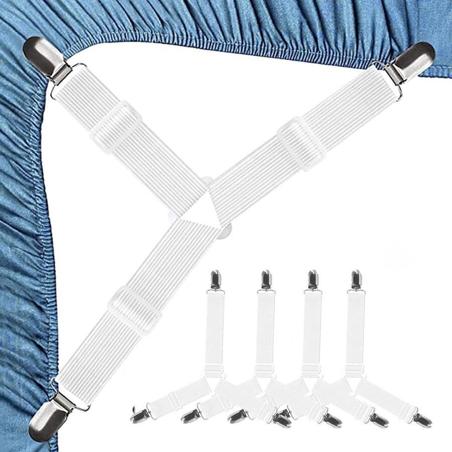 Allecto Plus Set van 4 witte bedlakenspanners Verstelbare hoekhoeshouders Geschikt voor beddengoed matrassen banken en strijkplanken