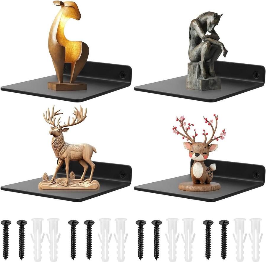 Allecto plus Set van 4 zwarte mini wandplanken voor kinderkamer boekenkast en decoratie Zwevende planken voor muur Ideale wandplank voor keuken badkamer en woonkamer Afmetingen 11 x 10 x