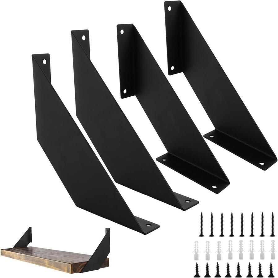 Allecto plus Set van 4 zwarte plankdragers Zware plankdragers voor 20 cm planken RVS planksteun voor opbergrek keuken kantoor boekenkast wandrek
