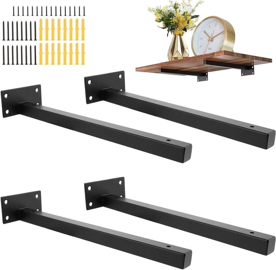 Allecto Plus Set van 4 zwarte zwevende plankhouders met 30cm lengte Voor zware belasting Wandplankconsole Zwart 300mm Zware belasting Wandrek 30 cm