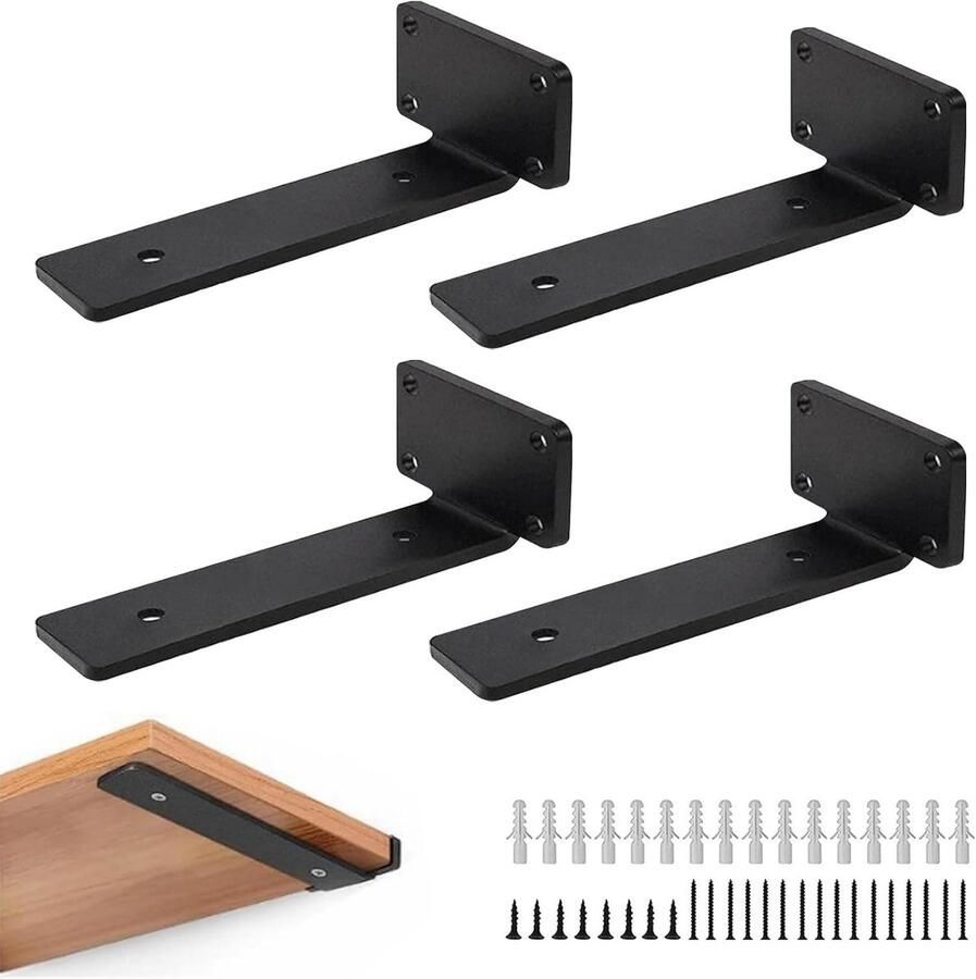 Allecto Plus Set van 4 zwevende plankhouders onzichtbare L-houders plankdrager 20 cm hoogwaardig koudstaal woonkamer slaapkamer keuken badkamer zwart