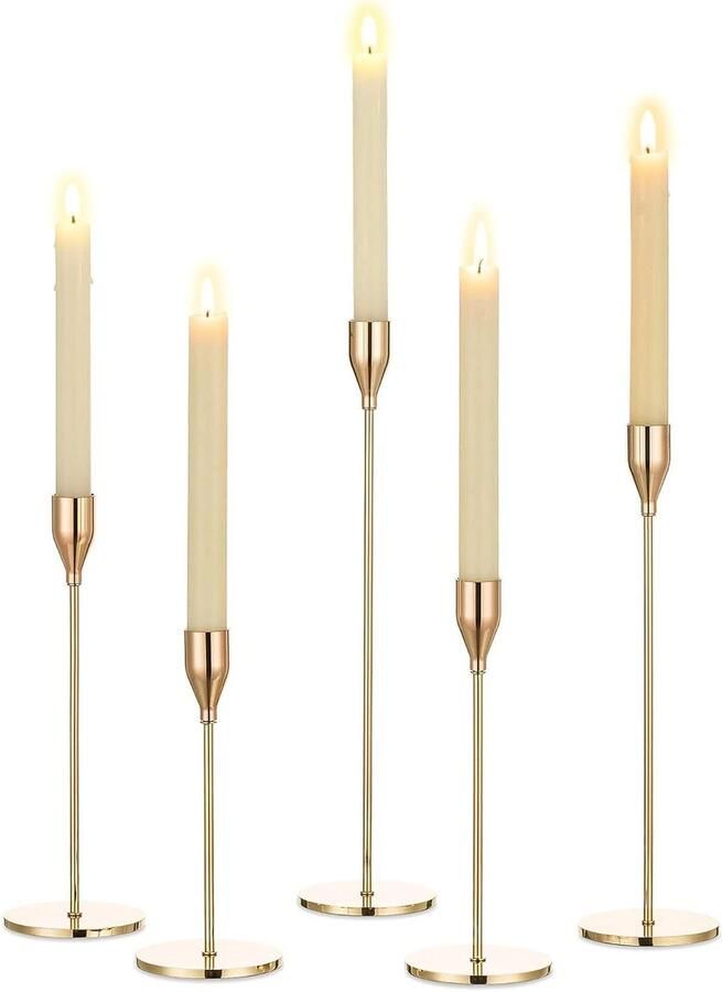 Allecto Plus Set van 5 Gouden Metalen Kandelaars voor Taper Kaarsen Vintage Stijl Kerst Advent Bruiloft Feest Eettafel Decoratie