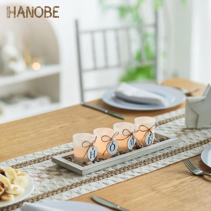 Allecto plus Set van 5 kandelaars met decoratieve dienblad en votive houders Rustieke boerderij houten schotel voor salontafel Woonkamer home decor gift