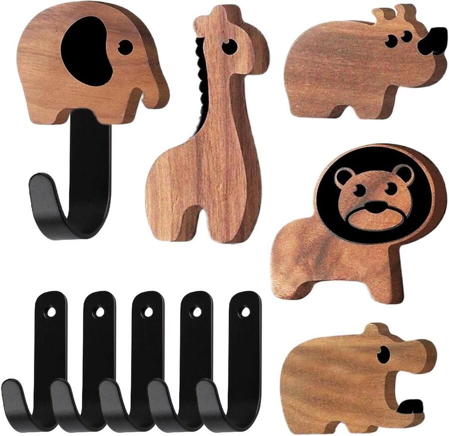 Allecto Plus Set van 5 kledinghaken in dierenvorm van walnoothout voor garderobe kinderen. Ideale garderobehaken voor kinderkamer en badkamer. Gemakkelijk te monteren
