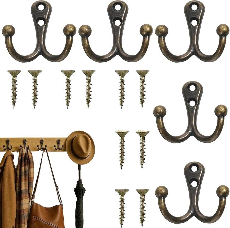 Allecto Plus Set van 5 kledinghaken met dubbele haken in vintage bronsdesign Garderobehaken inclusief schroeven Geschikt voor deuren muren kasten badkamer en keuken