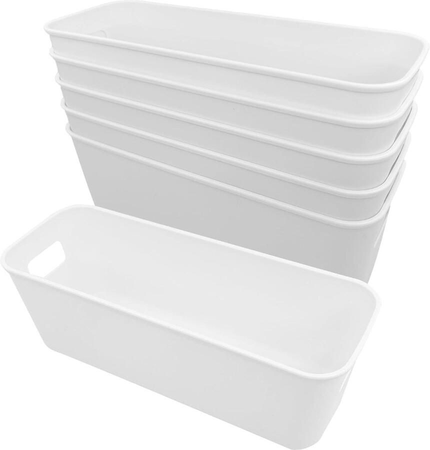 Allecto Plus Set van 5 kunststof opbergdozen (10x28x95 cm) wit opbergmanden met handgrepen ideaal voor badkamer keuken en kast
