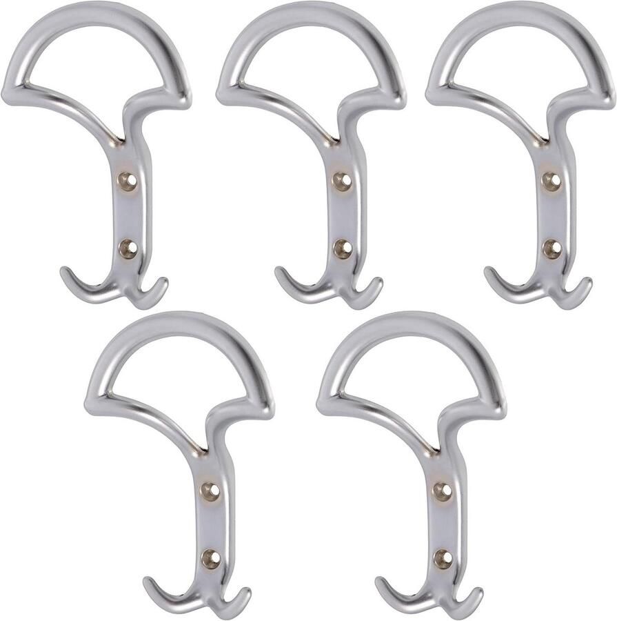 Allecto plus Set van 5 drievoudige wandhaken voor badkamer en toilet Metaal Zilverkleurig mat Haak hanger kleerhanger met dubbele ophanging Kapstok hoed badjas handdoek douche 145x92x44 mm