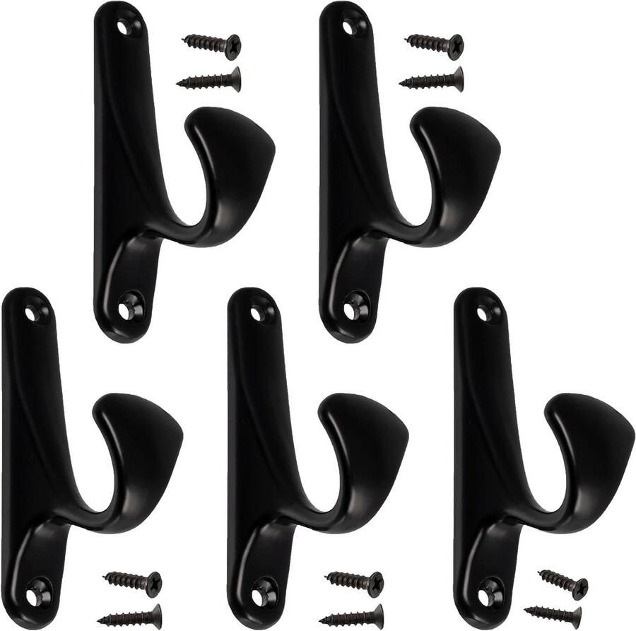 Allecto Plus Set van 5 wandhaken voor garderobe badjas en handdoek zwart metaal 90x25x47 mm