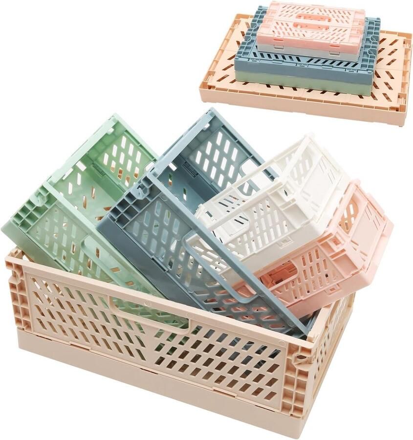 Allecto Plus Set van 5 Voederbare Opbergmanden in Plastic Opvouwbare Opbergdozen Stapelbare Dozen voor Keuken Badkamer Kantoor en Thuis Organisatie 2 Mini & 2 Medium kleuren Handige Opbergoplossing