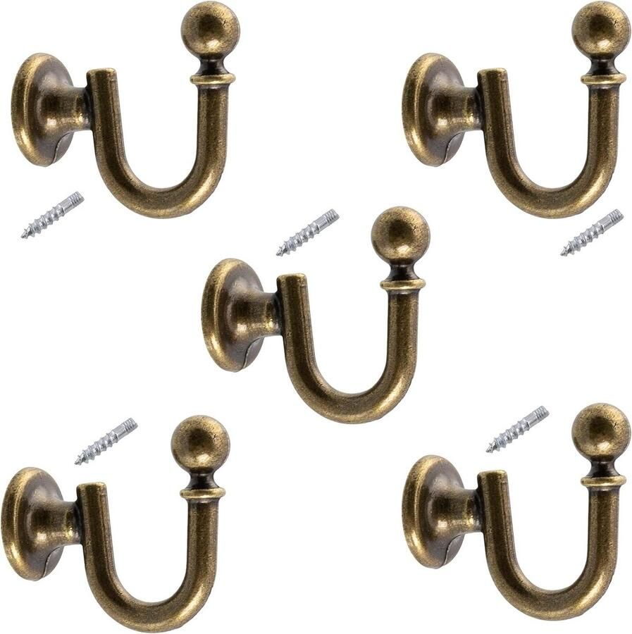Allecto plus Set van 5 metalen wandhaken 33 mm kleur oud goud kapstok haak voor badkamer en toilet