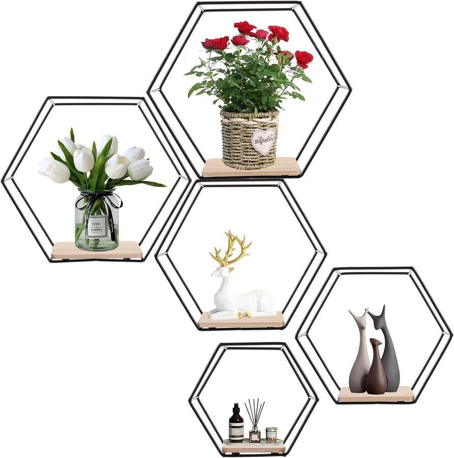 Allecto Plus Set van 5 zeshoekige zwarte metalen planken voor wanddecoratie in keuken badkamer en slaapkamer