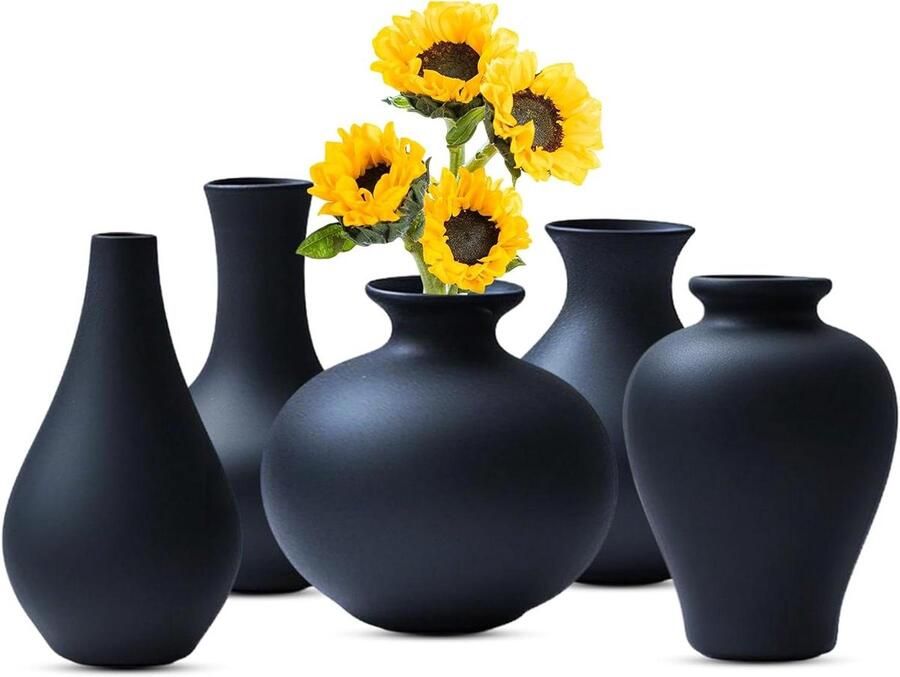 Allecto Plus: Set van 5 zwarte keramische vazen voor moderne woondecoratie decoratieve matte vazen voor pampasgras en bloemen woonkamer en tafel decoratie esthetisch design voor je interieur vazendecoratie voor ingang en meer