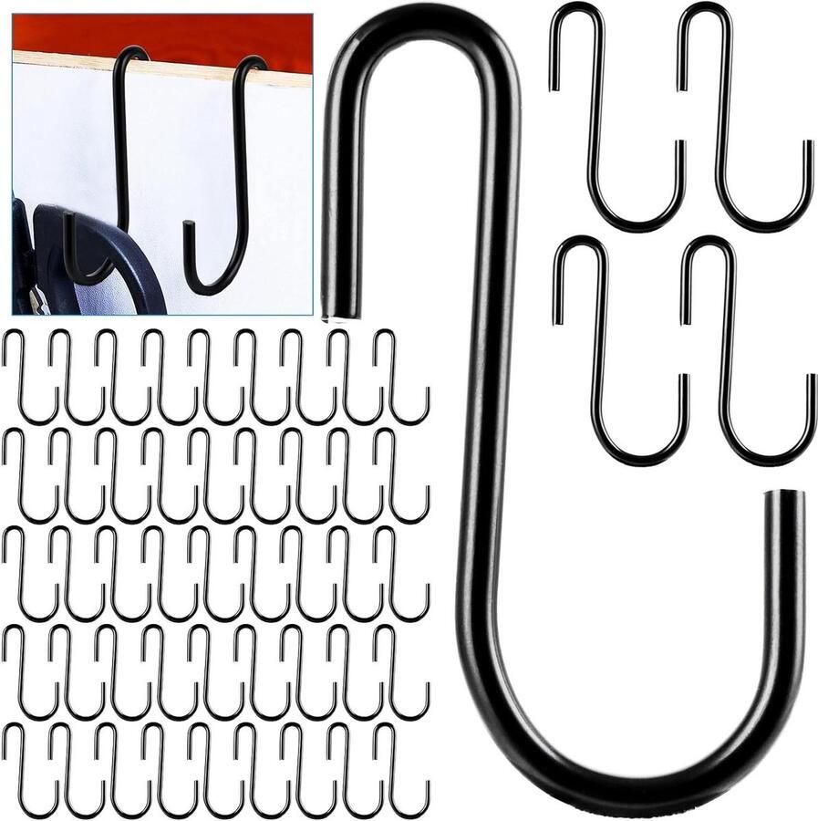 Allecto Plus Set van 50 S-haken van 6 cm in het zwart voor garderobe en keuken Ophanghaken voor kledingstang