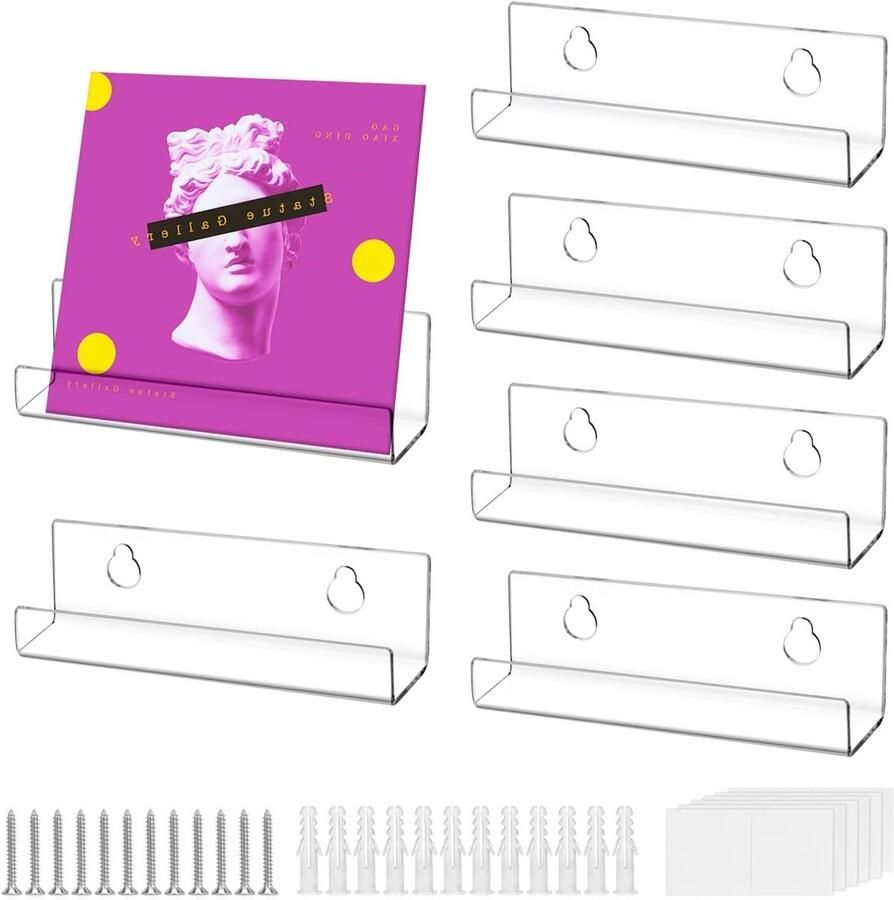 Allecto Plus Set van 6 acryl vinylplatenplanken voor wandmontage Opbergrek voor vinylplaten foto's boeken Decoratieve muurplank 10 x 3 5 x 3 cm