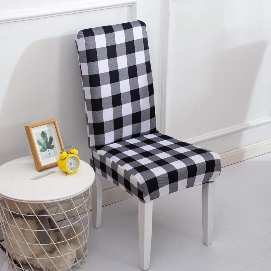 Allecto Plus Set van 6 wasbare stoelhoesbeschermers voor eetkamerstoelen zwart-wit ideaal voor keuken hotel en bruiloftsfeest ceremonie banket afneembaar