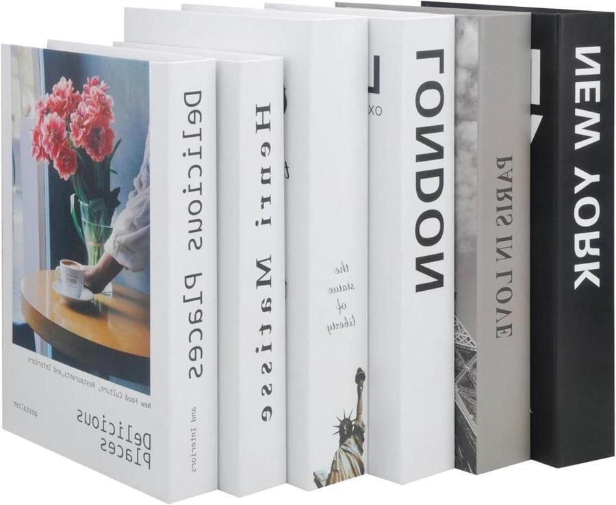 Allecto Plus Set van 6 decoratieve boeken voor modieuze interieurinrichting met Engelse letterprint Simulatieopbergboeken voor boekenkast salontafel of displayplank Stijlvolle decoratie met creatieve uitstraling